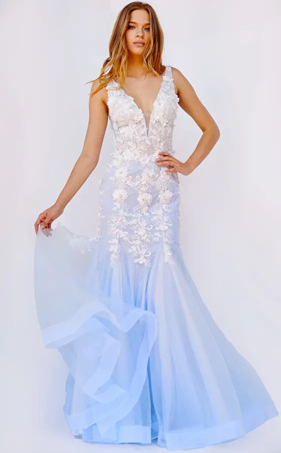 jovani Jovani 09322 Light Blue Floral Appliques Mermaid Dress